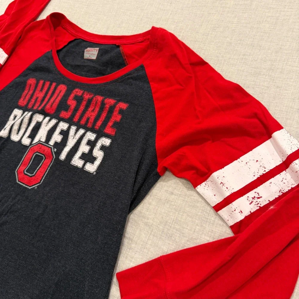 Ohio State Buckeyes Womens XL Varsity Raglan Long Sleeve Tee Red Charcoal Gray